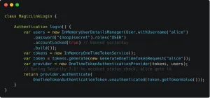 Java code: Spring Security 7.1 one-time token login authenticates a locked user