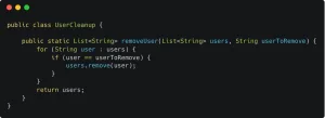 Java code review interview task: a removeUser method that removes from a list inside a for-each loop