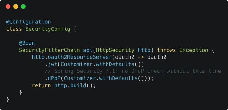 Java Spring Security 7.1 configuration that turns on the DPoP check with .dPoP()